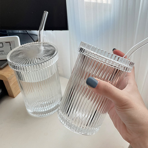 风简约条纹玻璃杯带盖吸