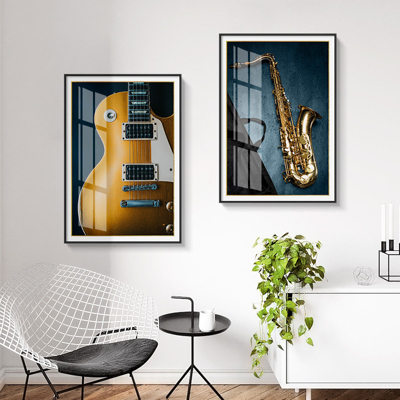 萨克斯现代乐器装饰画书房琴房音乐酒吧茶座壁画吉他小提琴挂画框