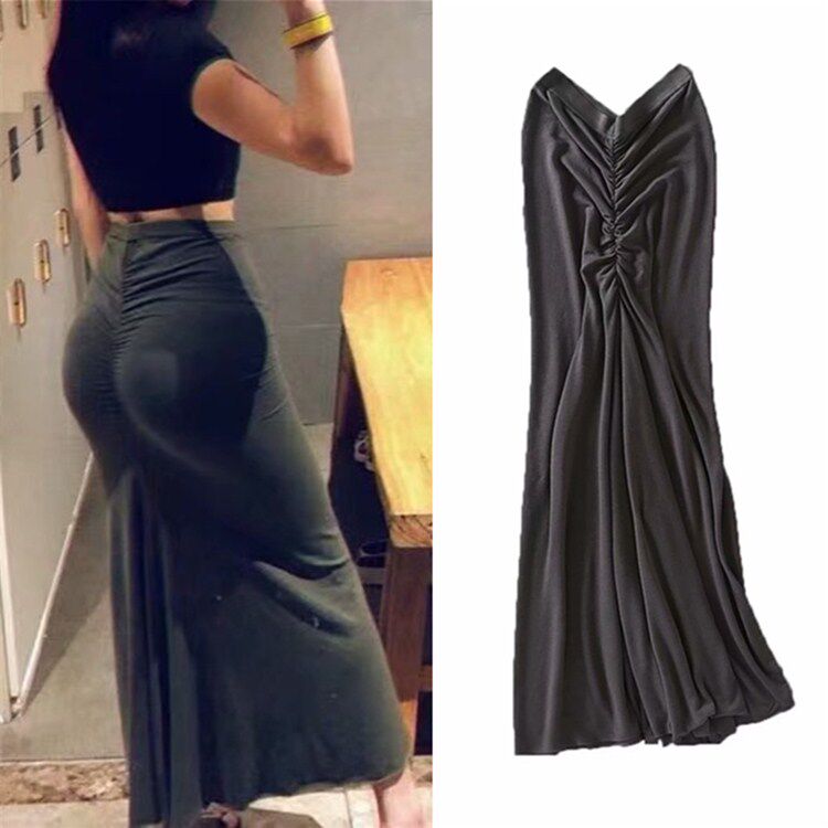 欧美高腰显瘦前后抽褶半
