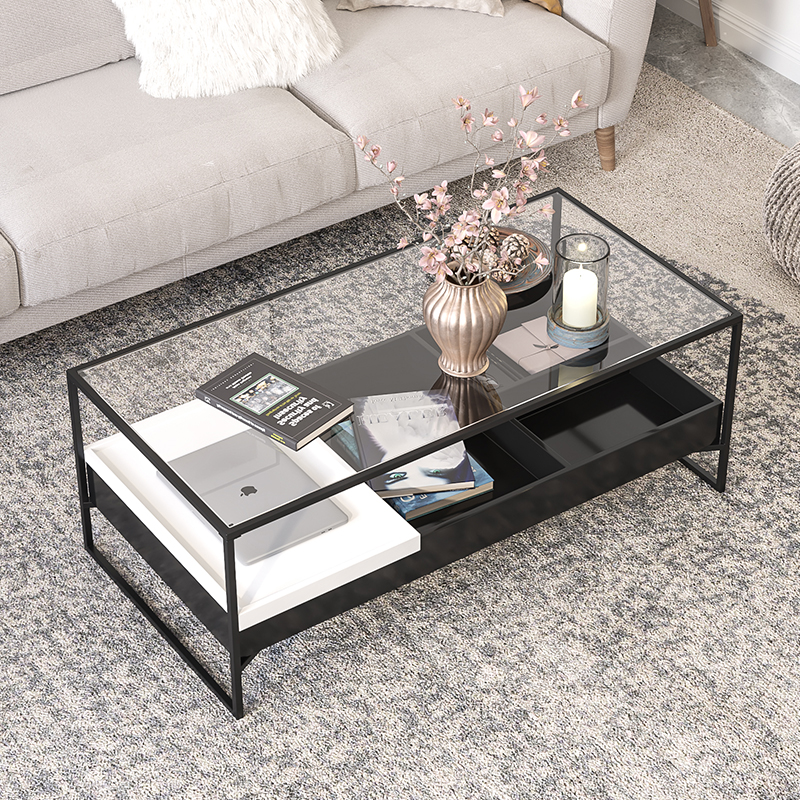 钢化玻璃茶几轻奢现代简约美式客厅小户型实木储物复古茶台泡茶桌