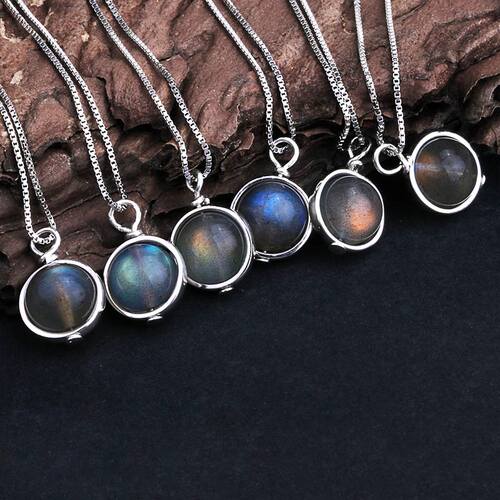 Real 925 Silver Natural Labradorite Stone Pendant Necklace F