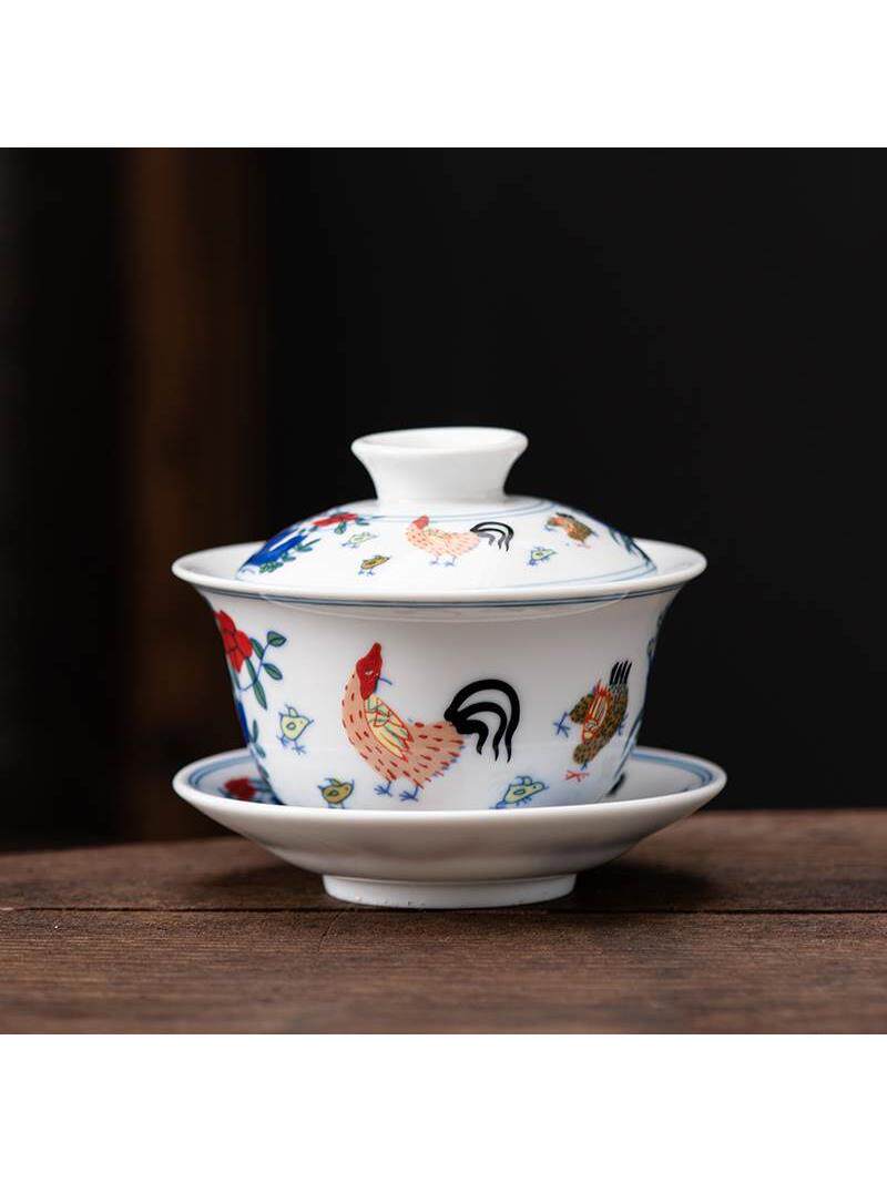 斗彩鸡缸杯三才盖碗带盖泡茶杯单个茶碗景德镇茶具大号三泡台防烫