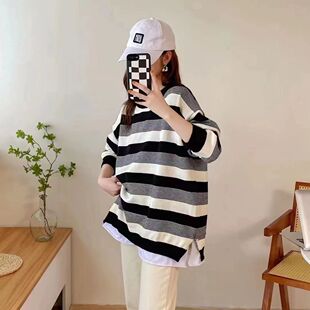 撞色条纹毛衣女2023秋冬最新款法式慵懒风ins潮长袖百搭针织上衣