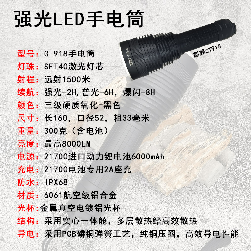 麒麟强光手电筒超亮聚远