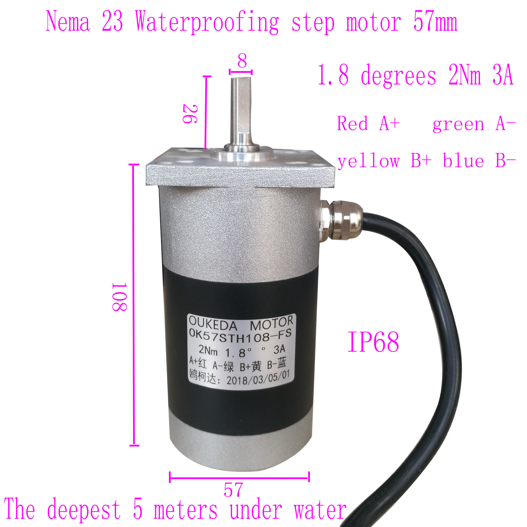 Nema 23 Waterproofing step motor 57mm 2NM 1.8 degrees IP68
