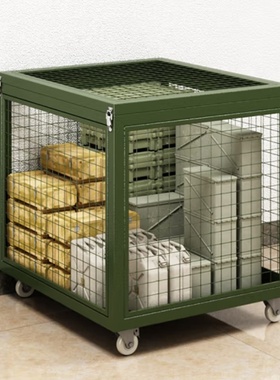 军绿色移动网箱仓l储笼可移动货架野营物资周转铁箱带轮小推车托