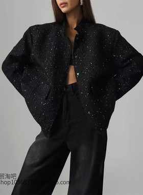 欧美新款时尚金丝亮片上衣立领宽松夹克外套 Sequin loose jacket