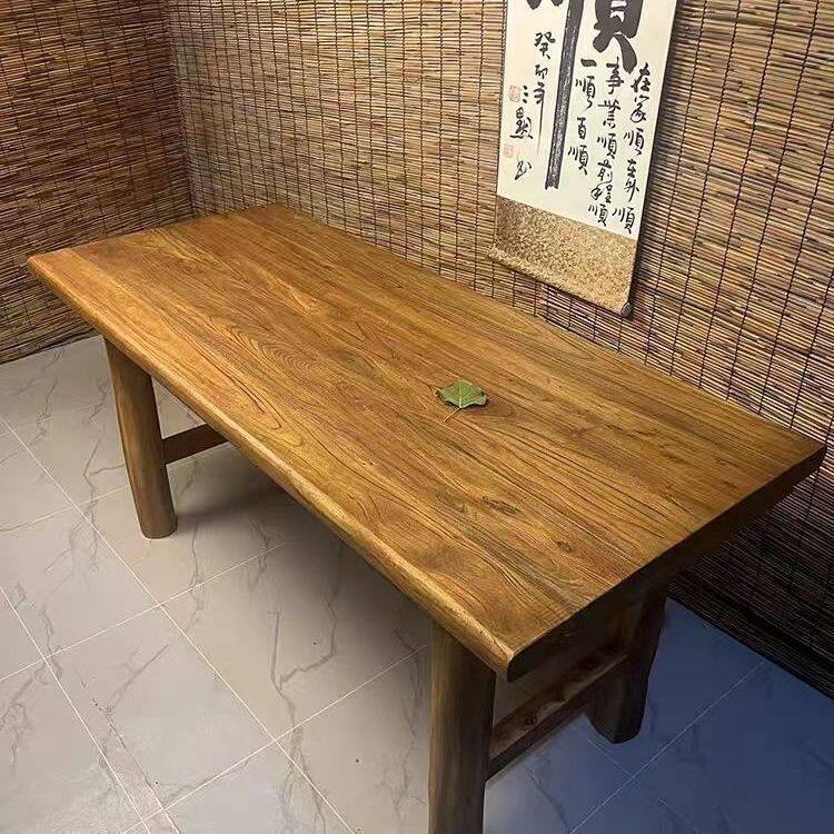 老榆木实木餐桌茶桌复古长桌办公家用书桌原木吧台民宿饭店桌简约