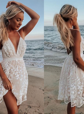 Women Party Lace Flower Backless Mini Dress Summer Sling