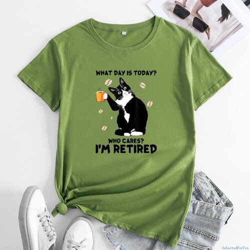 Women Cotton tshirt 女装宽松猫字母印花纯棉退休短袖T恤Retired