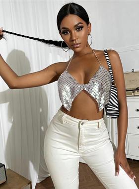 亚马逊2022新款欧美跨境女装金属性感亮片吊带夜店派对外穿20442