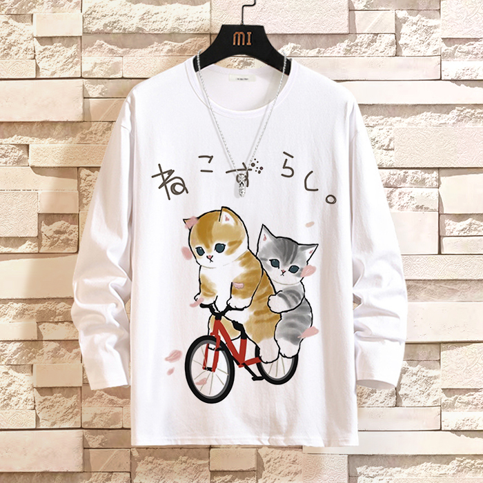 新款卡通猫咪日系可爱情侣长袖t恤秋季ins宽松大码男女上衣打底衫