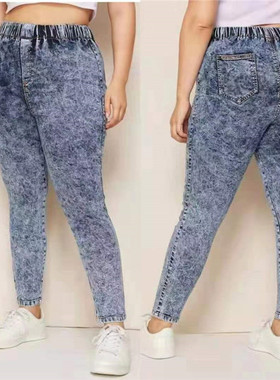 2023Fashion elastic plus size big jeans women ladies pants女