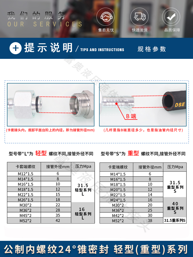 高压油管接头扣压式三件套H型公制卡套直弯90度45°钢丝软管接头