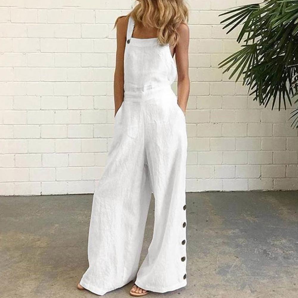 Loose Simple Sleeveless Solid Color Wide Leg Pocket Jumpsuit