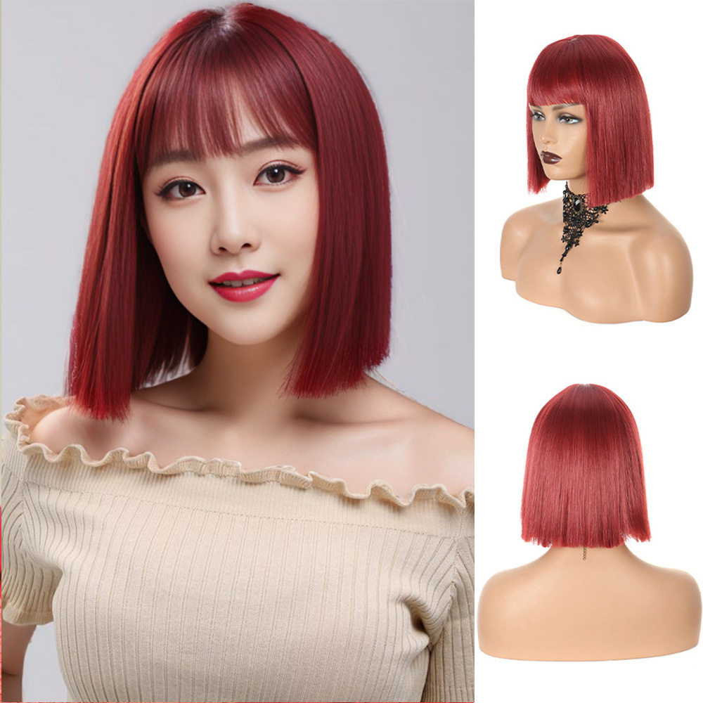 亚马逊欧美红色波波头齐刘海短发假发化纤bob全头套厂家wigs