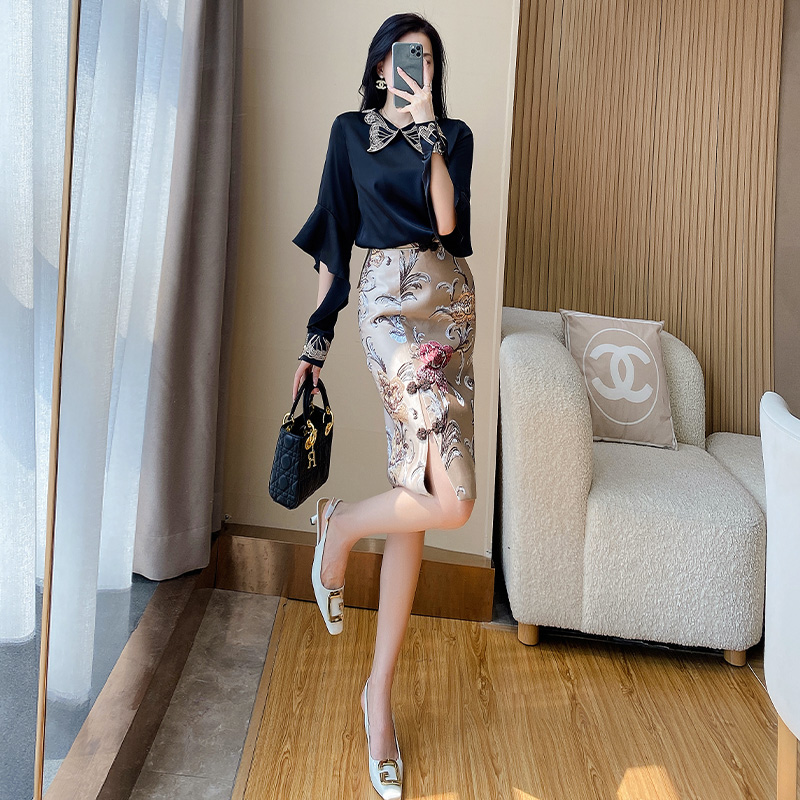 Ocnltiy法式缎面刺绣上衣两件套早秋高级感新中式修身半身裙套装