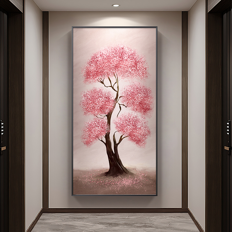 玄关艺术挂画发财树走廊尽头装饰画大芬村油画粉色竖版楼梯间壁画图片