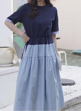 大码女装夏季韩版深蓝色圆领中袖T恤拼接条纹收腰胖MM休闲连衣裙