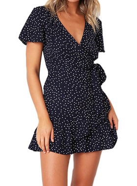 Printed V-neck casual butterfly lace-up ruffle skirt荷叶边裙