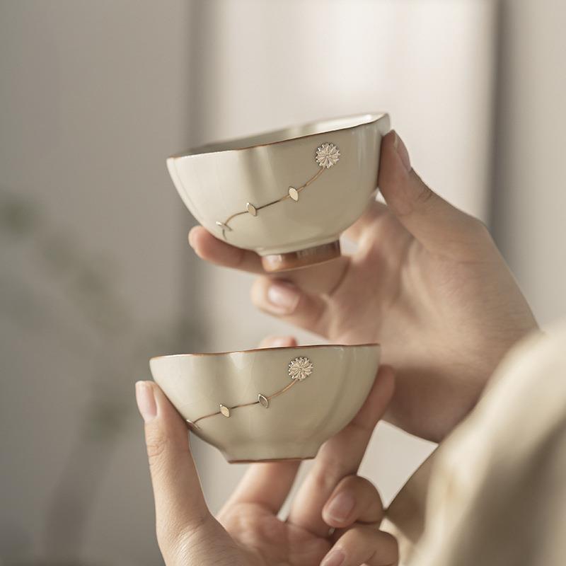 兮元记锔钉米黄汝窑茶杯