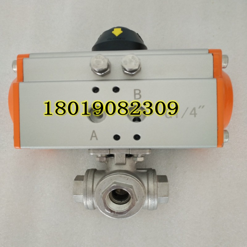 Q614气动不锈钢304三通丝口球阀DN8换向L型2分内螺纹气动三通球阀