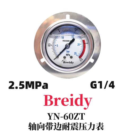 Breidy轴向带边耐震压力表YN60ZT 25bar/2.5MPa液压油压表不锈钢