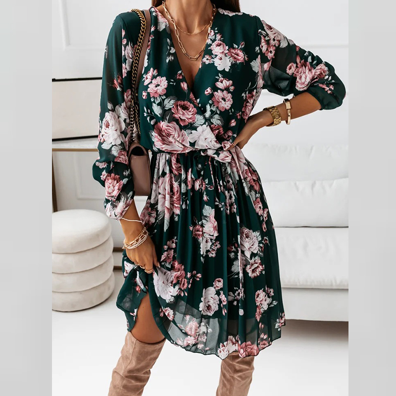 Print Ruffle Dress Summer Ladies Sexy V-Neck Party Dress2021