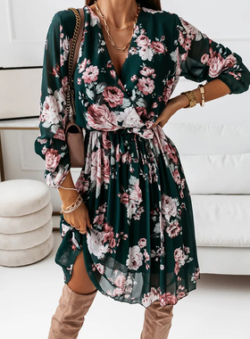 Print Ruffle Dress Summer Ladies Sexy V-Neck Party Dress2021