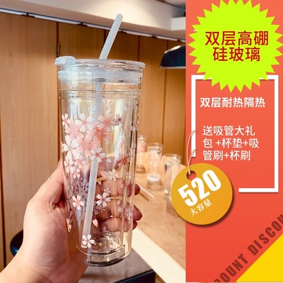 水杯双层玻璃带吸管盖子