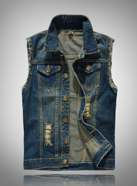 Denim Vest Men Jean Coat Ripped Slim Fit Male Jacket Cowboy