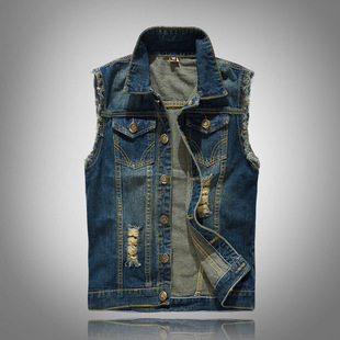Slim Cowboy Men Jacket Male Fit Ripped Coat Jean Vest Denim