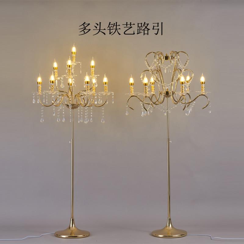 婚礼婚庆舞台布置道具铁艺电镀金色多头水晶路引立式T台装饰灯