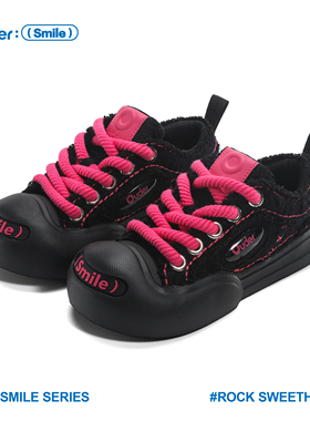 Ouder smiler开口笑帆布鞋女厚底增高圆头板鞋摇滚甜心黑粉大头鞋