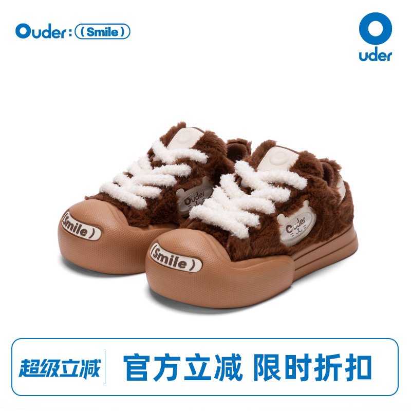 Ouder开口笑帆布鞋女毛绒猫咪