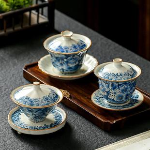 陶瓷泡茶盖碗家用三件套功夫茶具开片可养 汝瓷高端盖碗单个中式