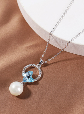 施家水晶蝴蝶项链女夏季不掉色送母亲礼物轻奢百搭珍珠吊坠项链