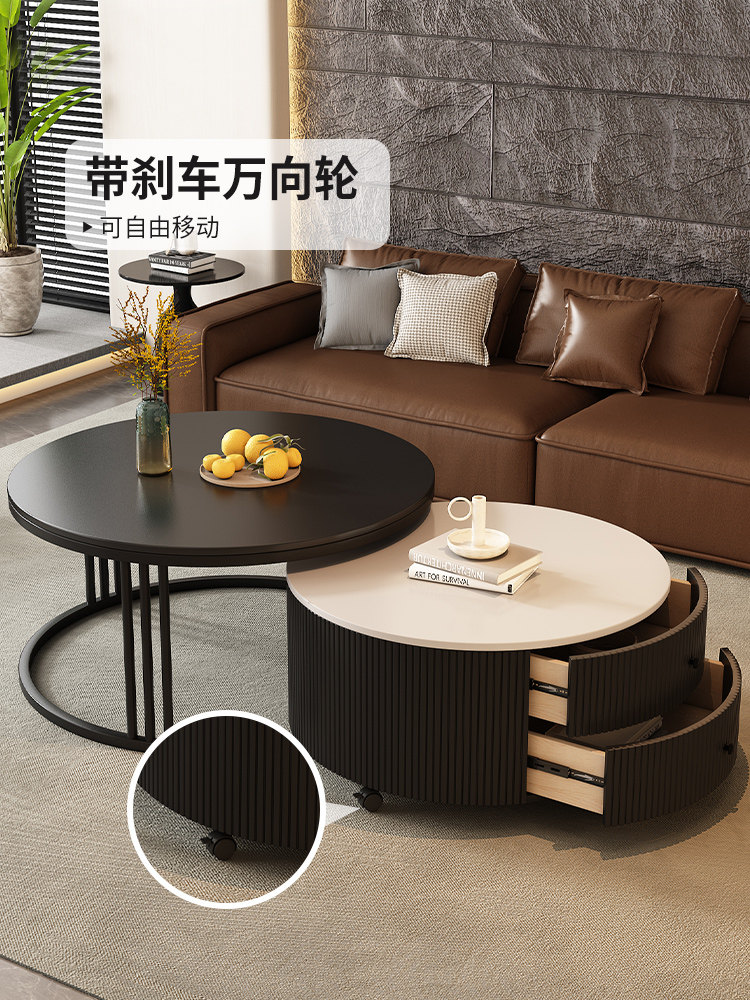 意式岩板茶几客厅家用2025新款现代简约黑色极简小户型圆形茶几桌