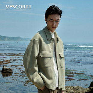 VESCORTT绵羊毛针织翻领呢外套 秋冬静奢风微阔短款毛呢外套