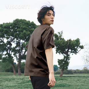 VESCORTT液氨桑蚕丝天丝混纺 进口索罗娜抗皱凉感夏季男士短袖T恤