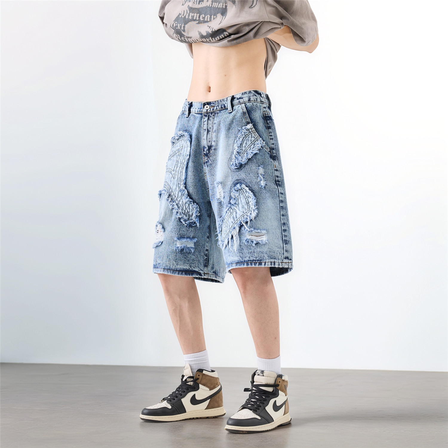 情侣重工中高腰绣花拼接潮牛仔短裤男夏季新款时尚洋气直筒五分裤图片
