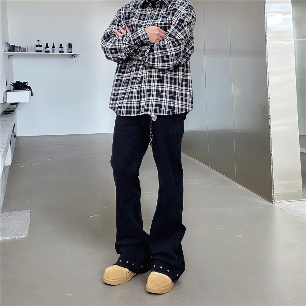 小众水洗做旧铆钉毛边拖地微喇叭牛仔裤显瘦美式cleanfit长裤子男,女装休闲裤,电商A306-2