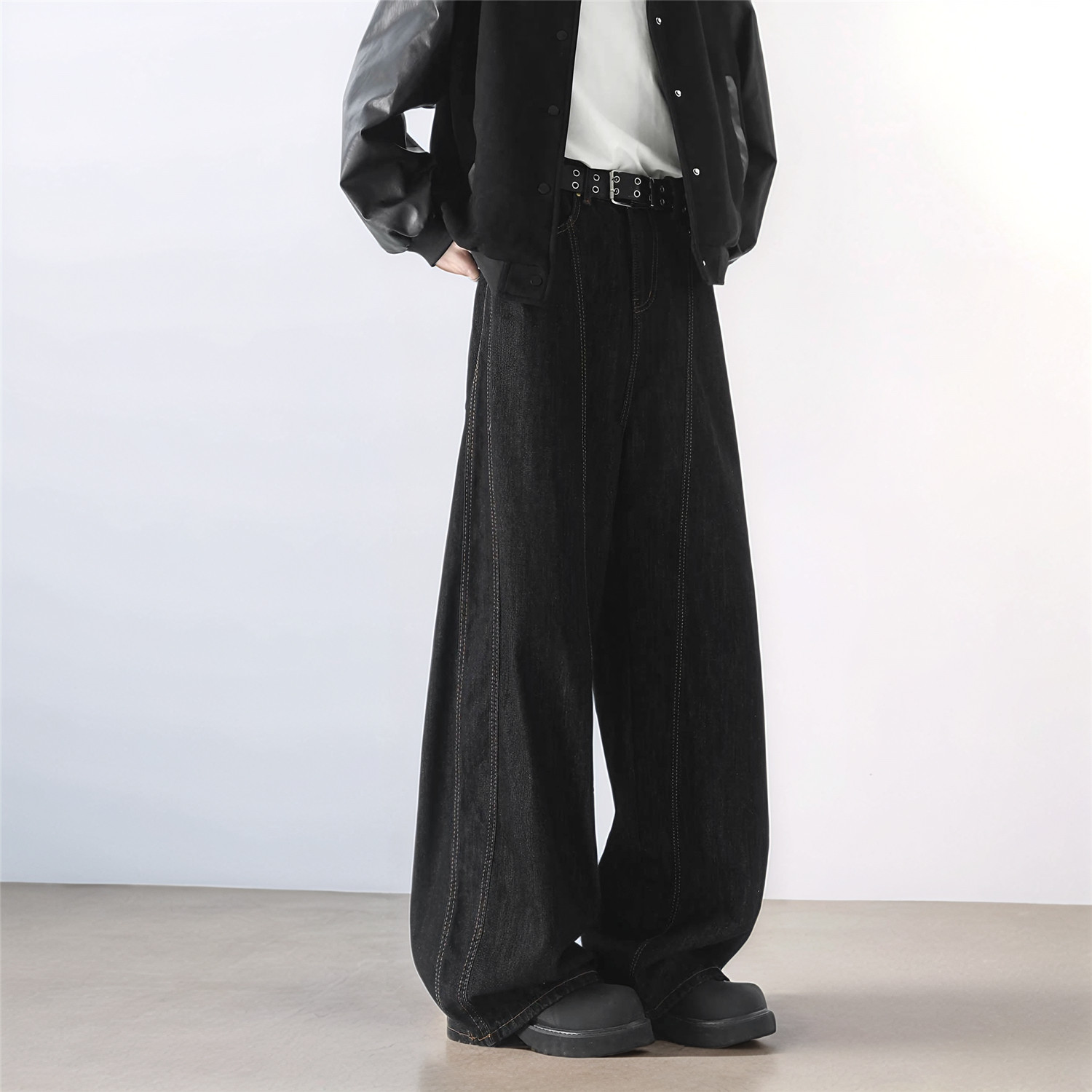 美式复古春秋黑色弯刀牛仔裤男女春季潮牌高街痞帅宽松阔腿长裤子，男装牛仔裤，电商A306-2