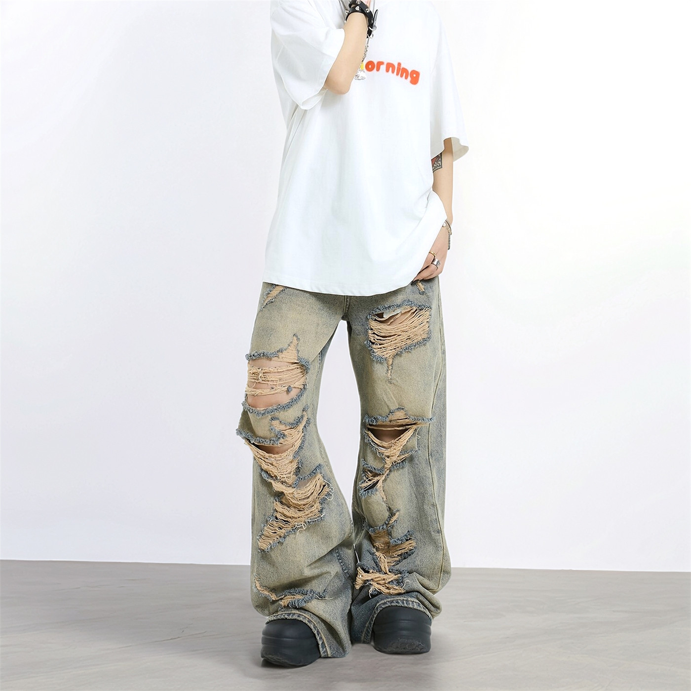 废土风大破洞中性做旧水洗牛仔裤男女夏季美式复古破烂乞丐拖地裤，男装牛仔裤，电商A306-2