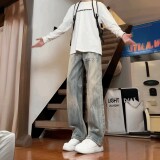 闪电爆裂纹牛仔裤男女春秋美式高街设计感小众高腰加长直筒微喇裤，男装牛仔裤，电商A306-2