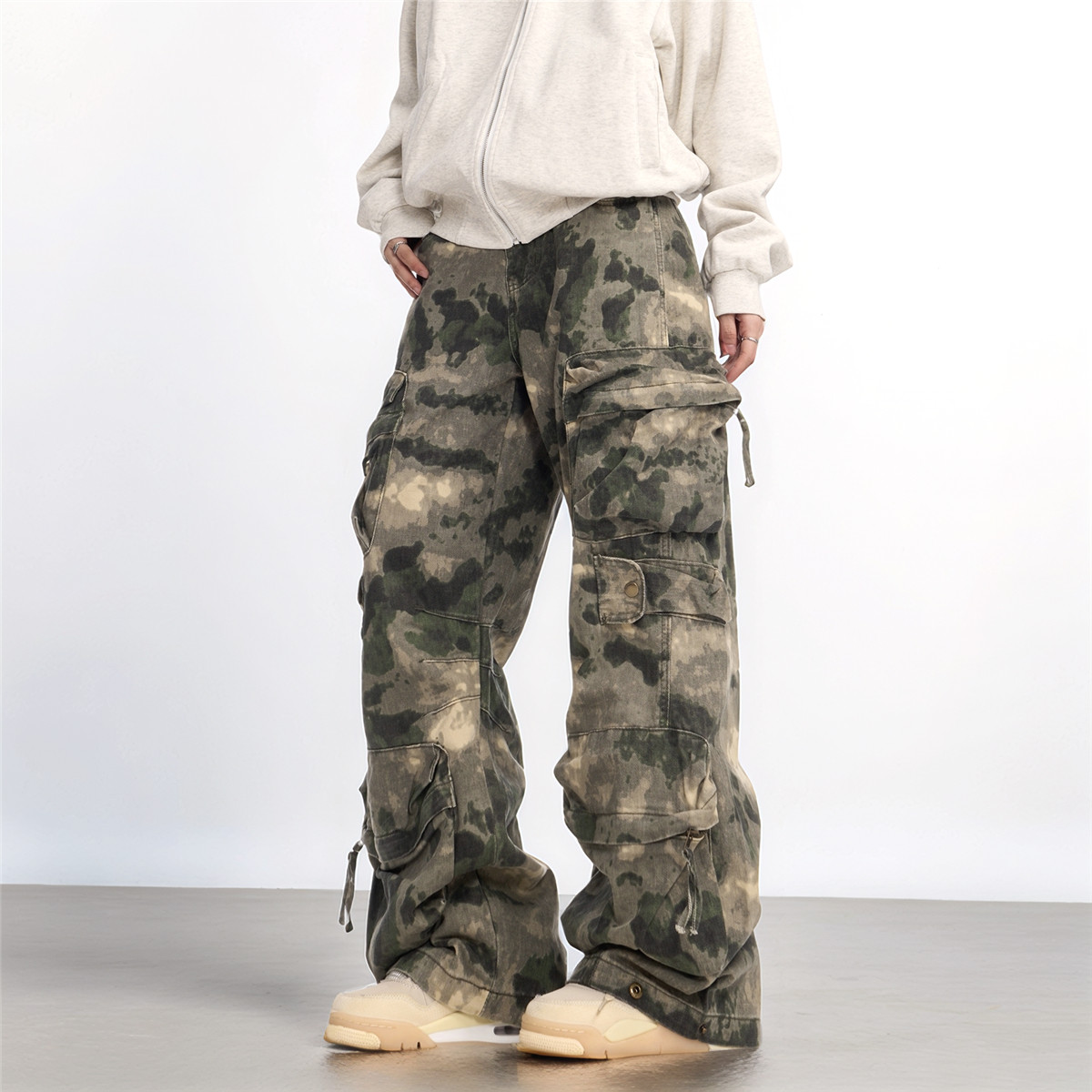 美式复古重工迷彩牛仔裤男女春秋季多口袋宽松直筒阔腿工装长裤子，男装牛仔裤，电商A306-2