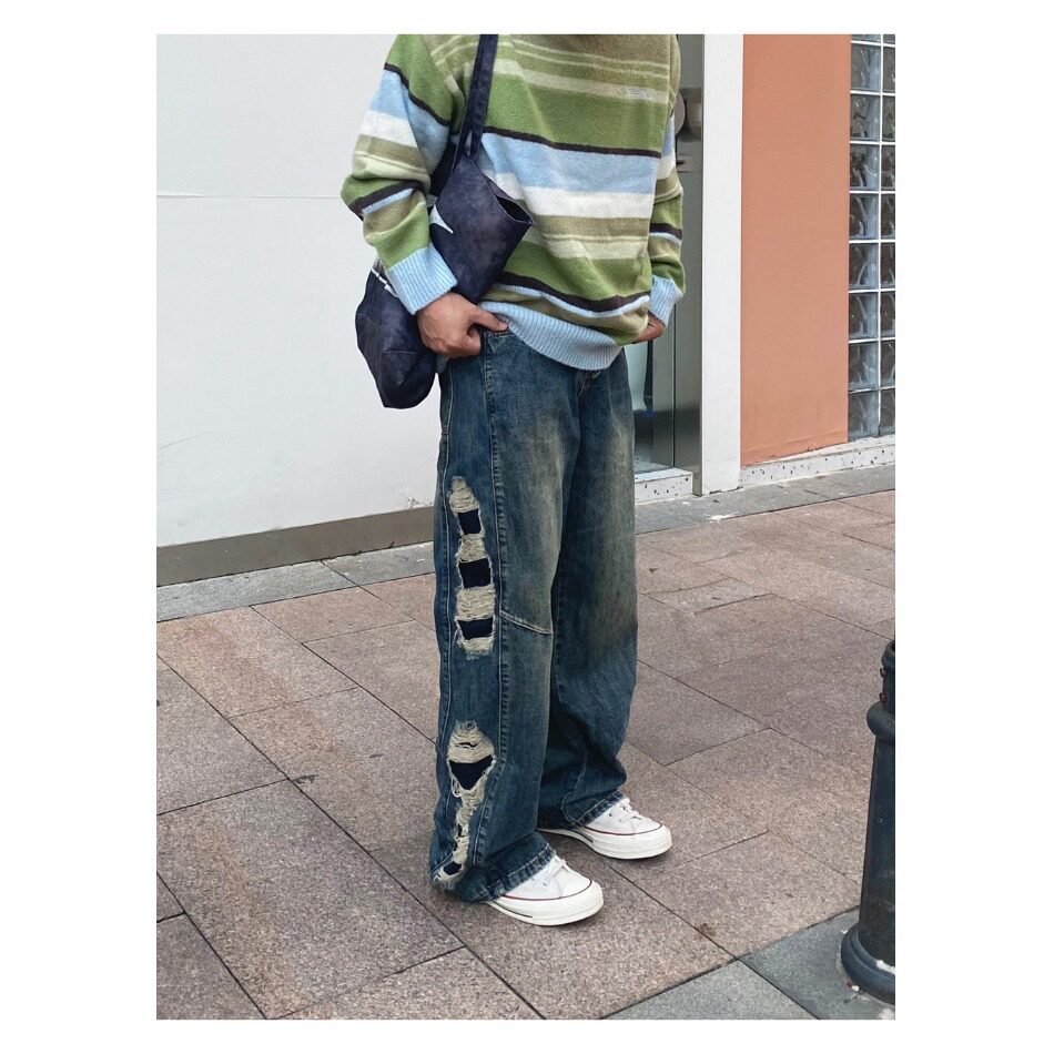 美式复古做旧宽松阔腿牛仔裤男个性小众宽松直筒长裤破洞日常春季,男装牛仔裤,电商A306-2