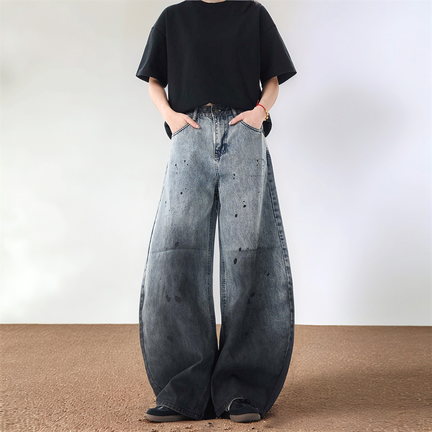 美式春秋泼墨涂鸦水洗牛仔弯刀裤男女款宽松休闲高级感阔腿长裤子,男装牛仔裤,电商A306-2