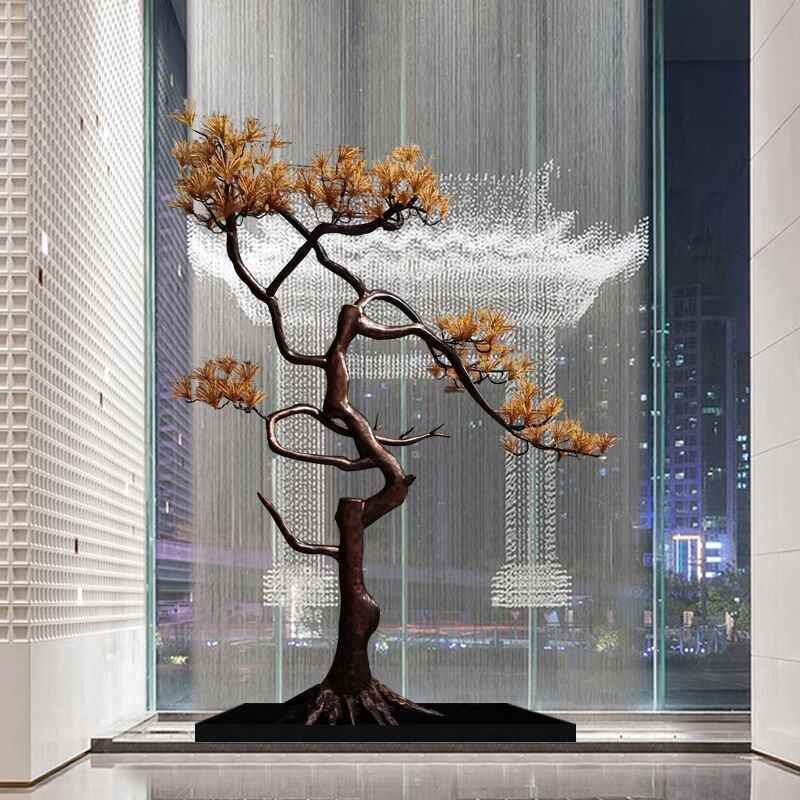 中式铁艺迎客松摆件别墅大厅玄关过道落地工艺品金雕属松树塑装饰