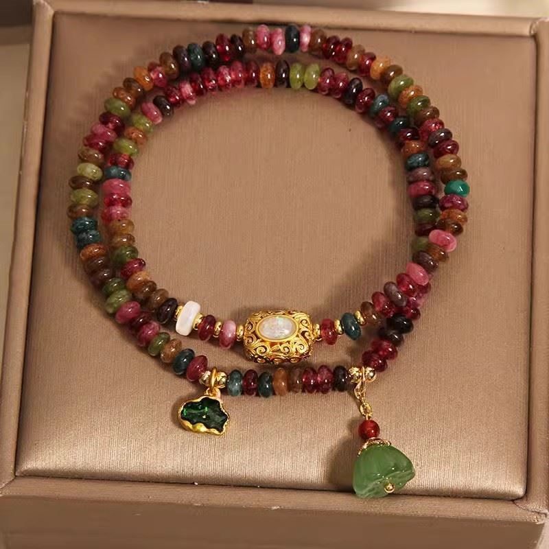 彩虹碧玺算盘珠双圈手链女款新中式轻奢小众精致荷叶莲蓬吊坠手串